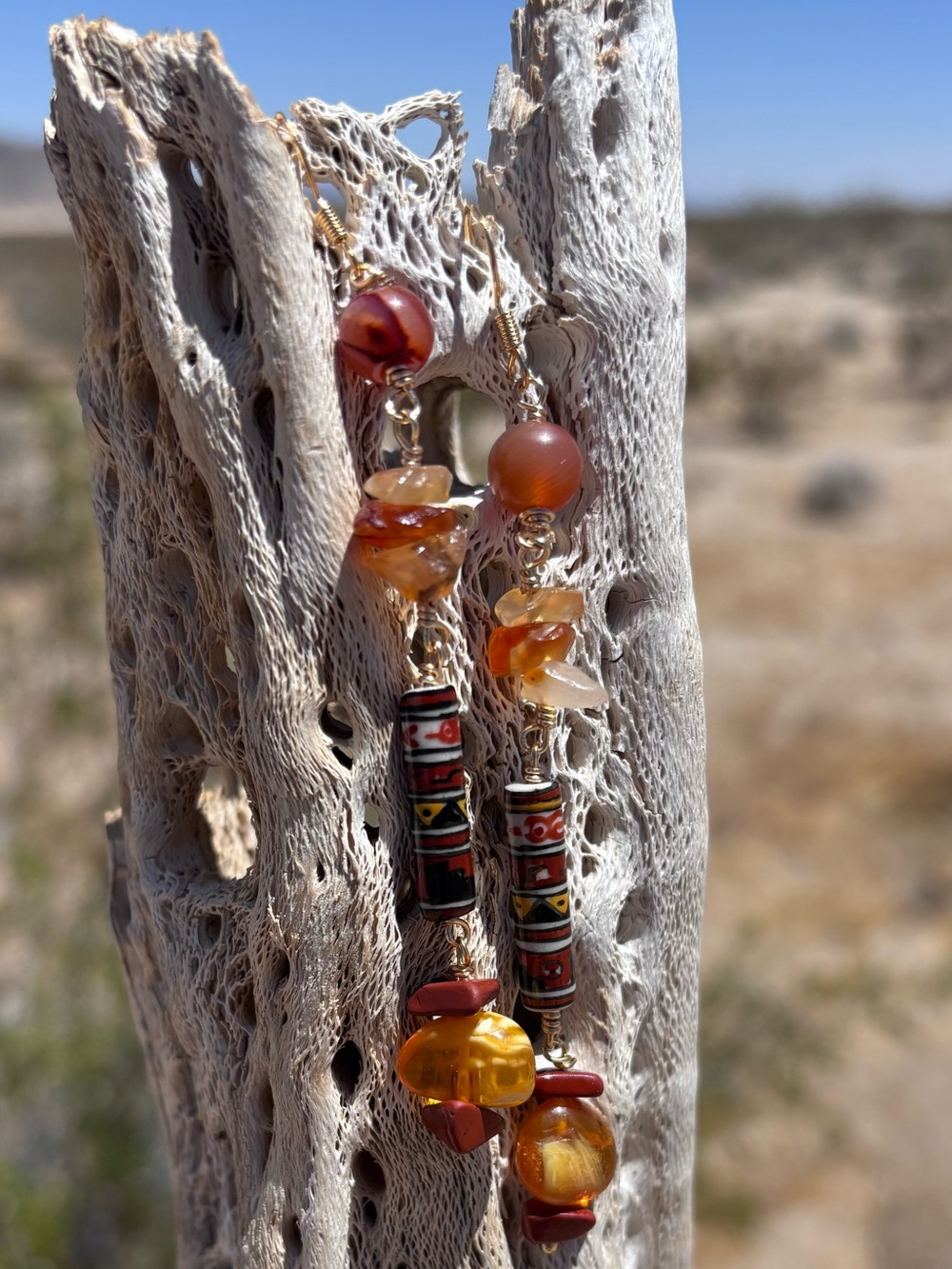 Handmade Vintage Carnelian, Amber and Ceramic Dangle Earrings